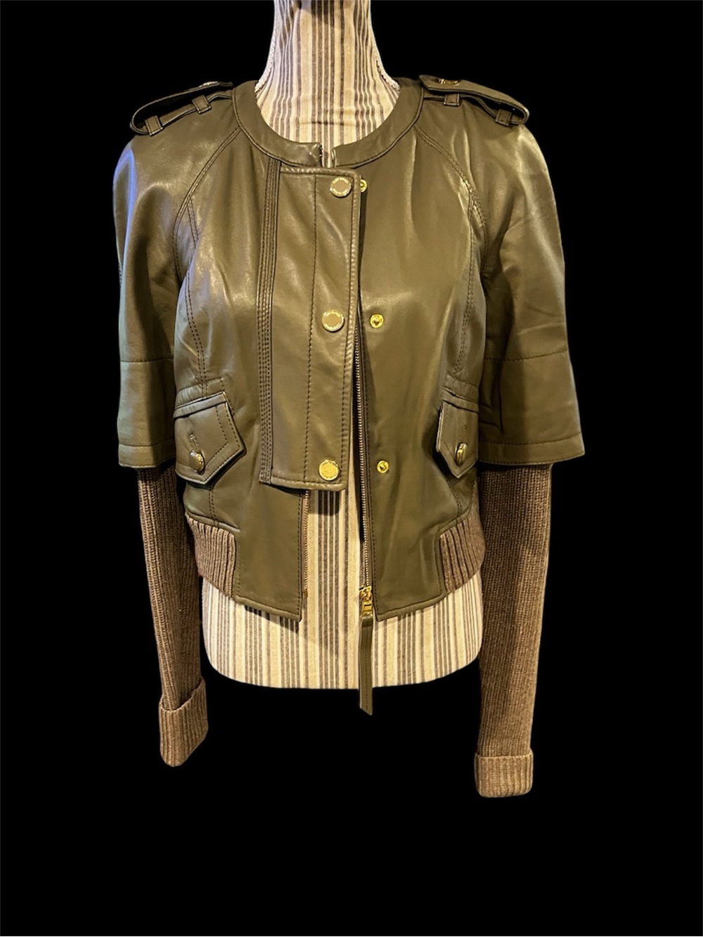 Tory Burch Olive Green Leather Bomber Jacket with Knit Sleeves. XS.